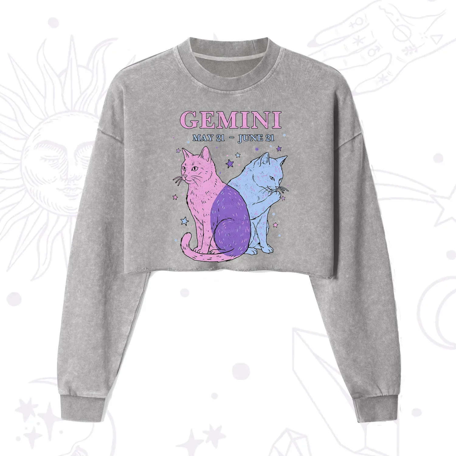 Purplehecate Gemini Zodiac Cats Cropped Washed Sweatshirt