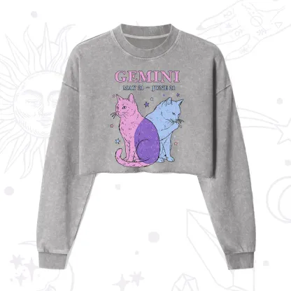Purplehecate Gemini Zodiac Cats Cropped Washed Sweatshirt