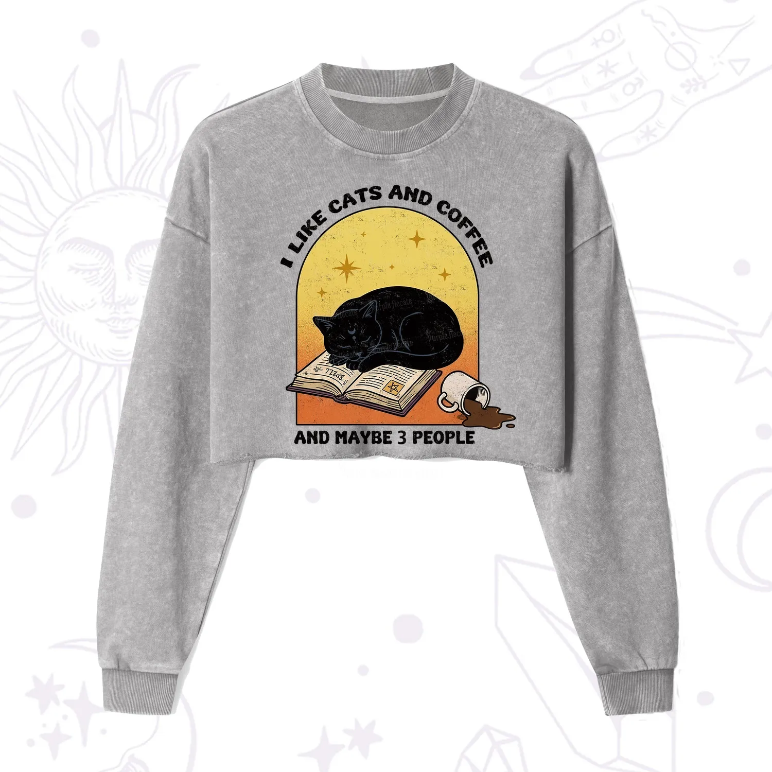 Purplehecate I Like Cats And Coffee Cropped Washed Sweatshirt
