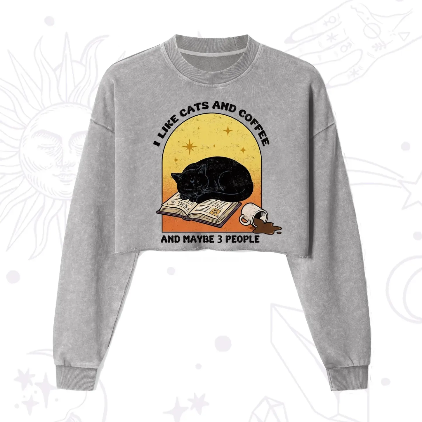 Purplehecate I Like Cats And Coffee Cropped Washed Sweatshirt