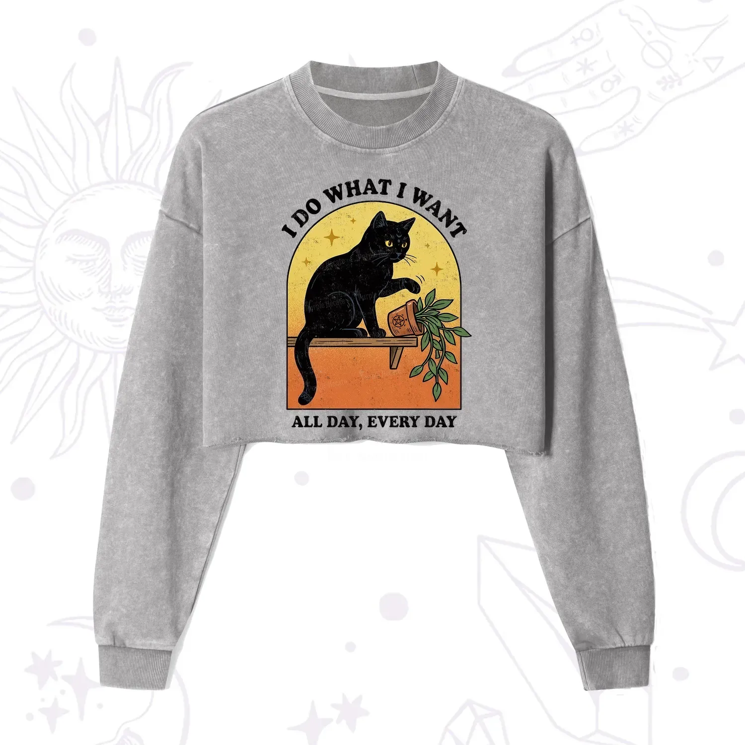 Purplehecate I Do What I Want Funny Black Cat Cropped Washed Sweatshirt
