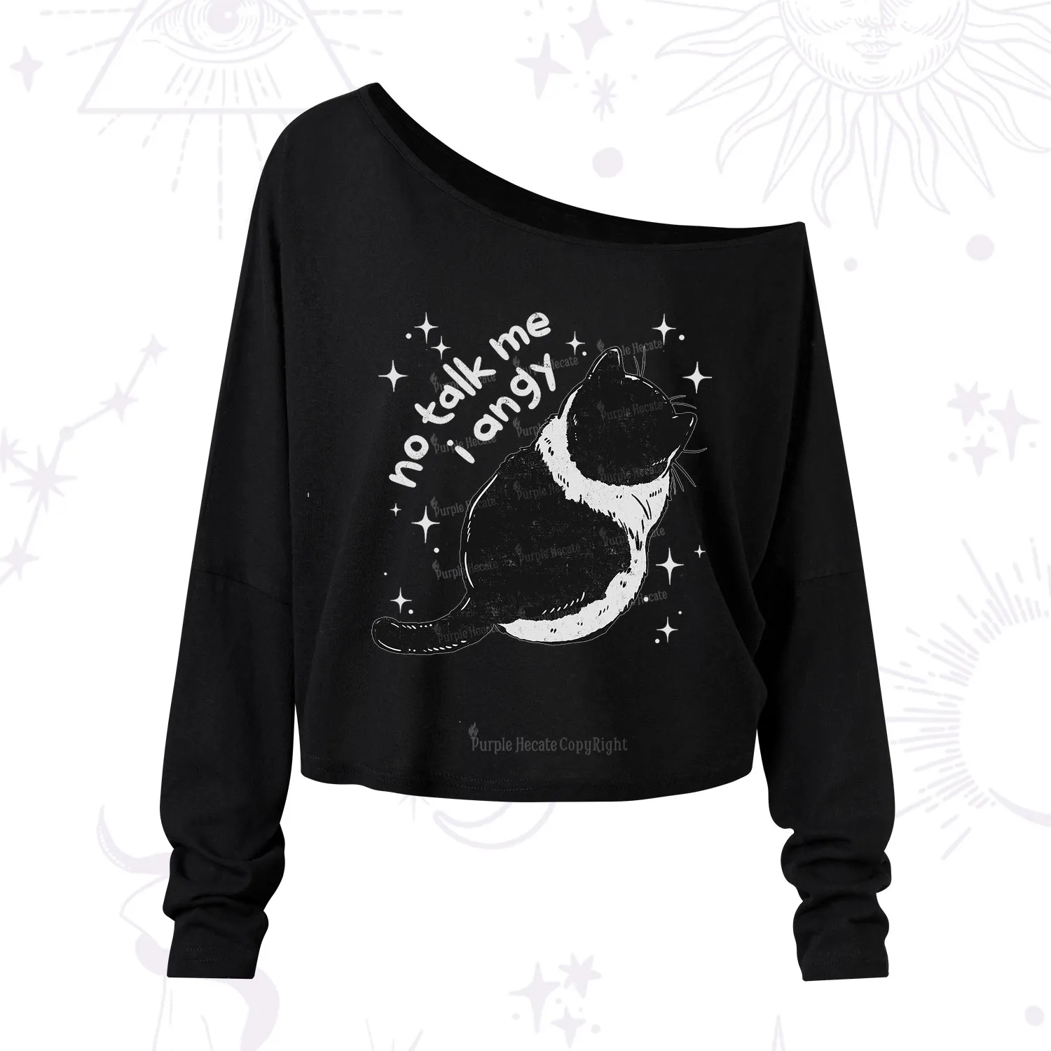 Purplehecate No Talk Me Im Angy Cat One Shoulder Long Sleeve Shirt