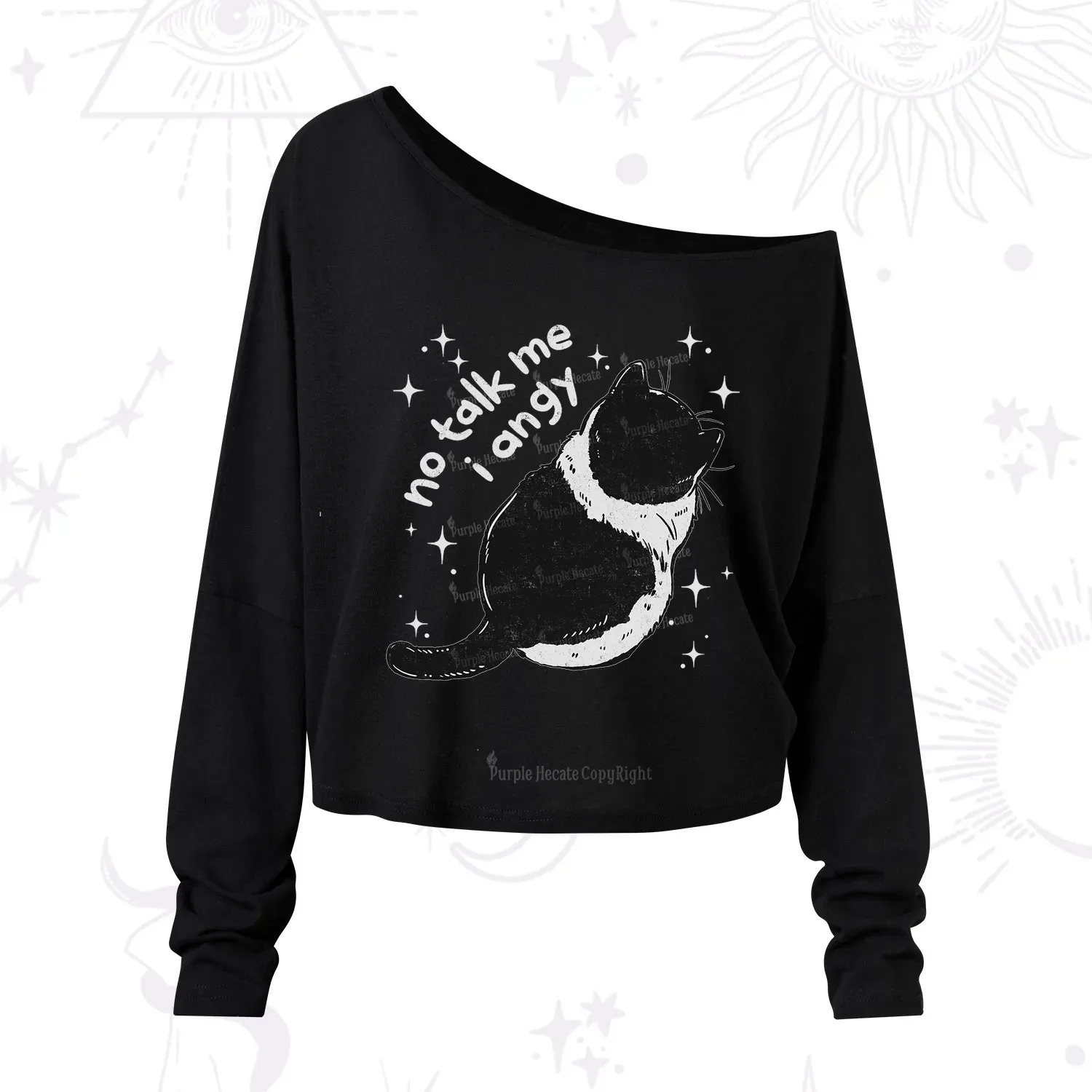 Purplehecate No Talk Me Im Angy Cat One Shoulder Long Sleeve Shirt