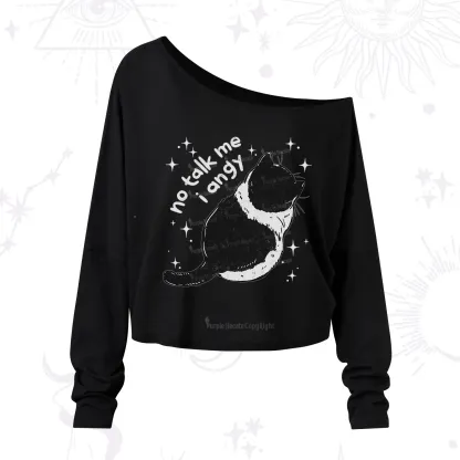 Purplehecate No Talk Me Im Angy Cat One Shoulder Long Sleeve Shirt