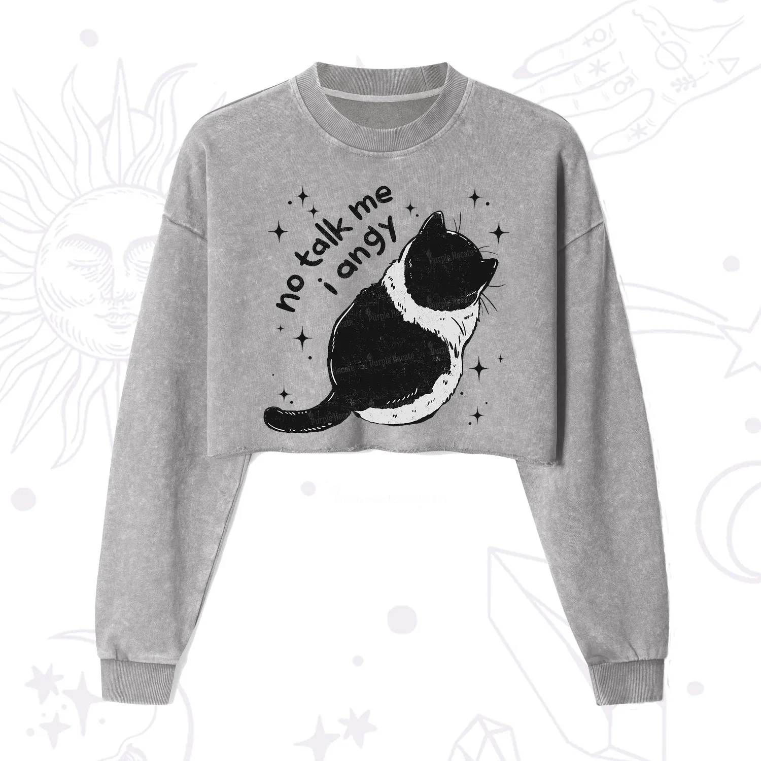 Purplehecate No Talk Me Im Angy Cat Cropped Washed Sweatshirt