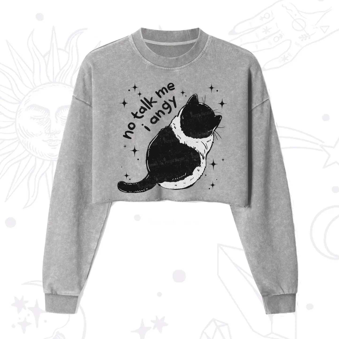 Purplehecate No Talk Me Im Angy Cat Cropped Washed Sweatshirt
