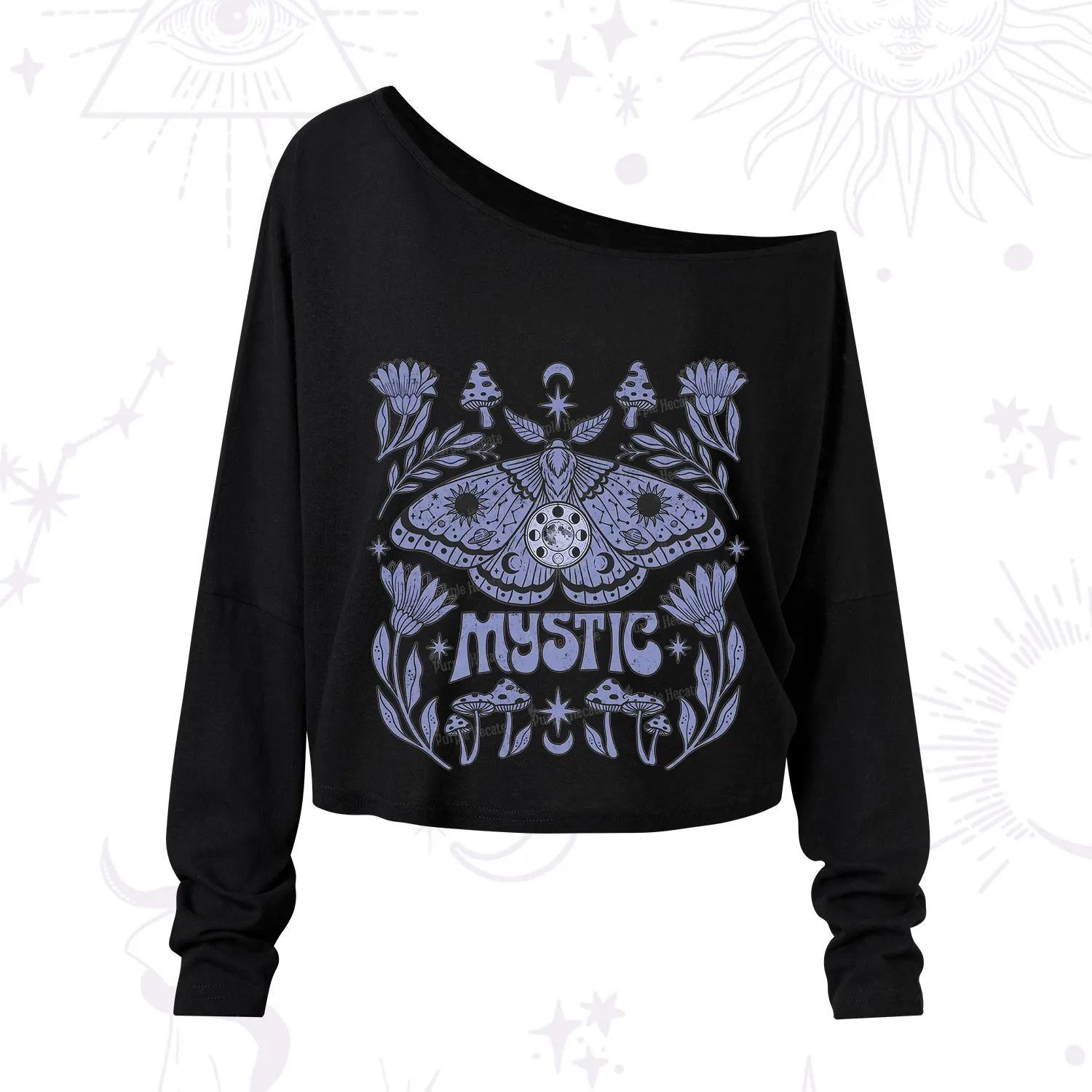 Purplehecate Celestial Moth Mushrooms One Shoulder Long Sleeve Shirt