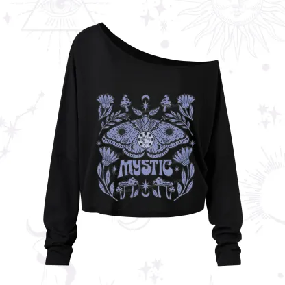 Purplehecate Celestial Moth Mushrooms One Shoulder Long Sleeve Shirt