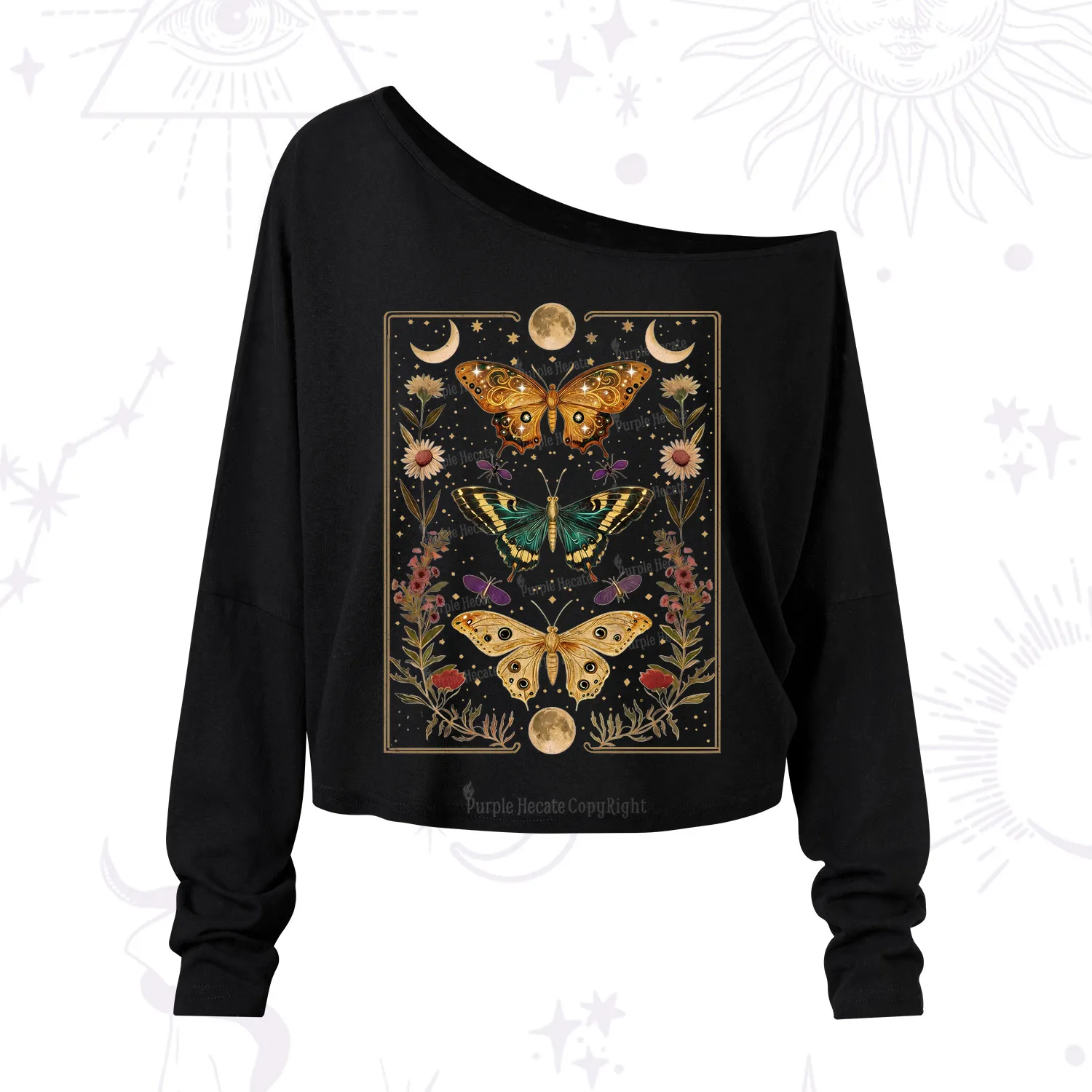 Purplehecate Sun and Moon Butterfly One Shoulder Long Sleeve Shirt