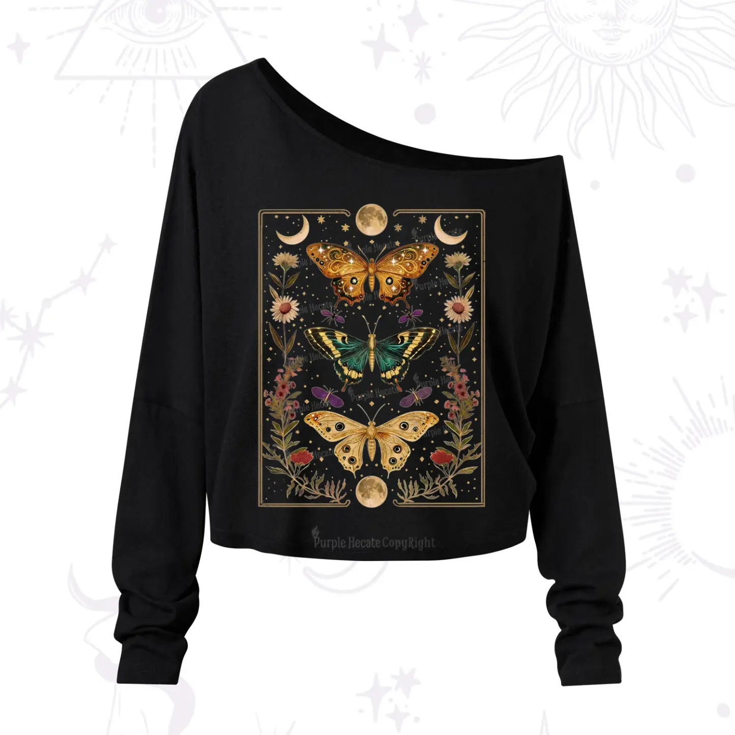 Purplehecate Sun and Moon Butterfly One Shoulder Long Sleeve Shirt
