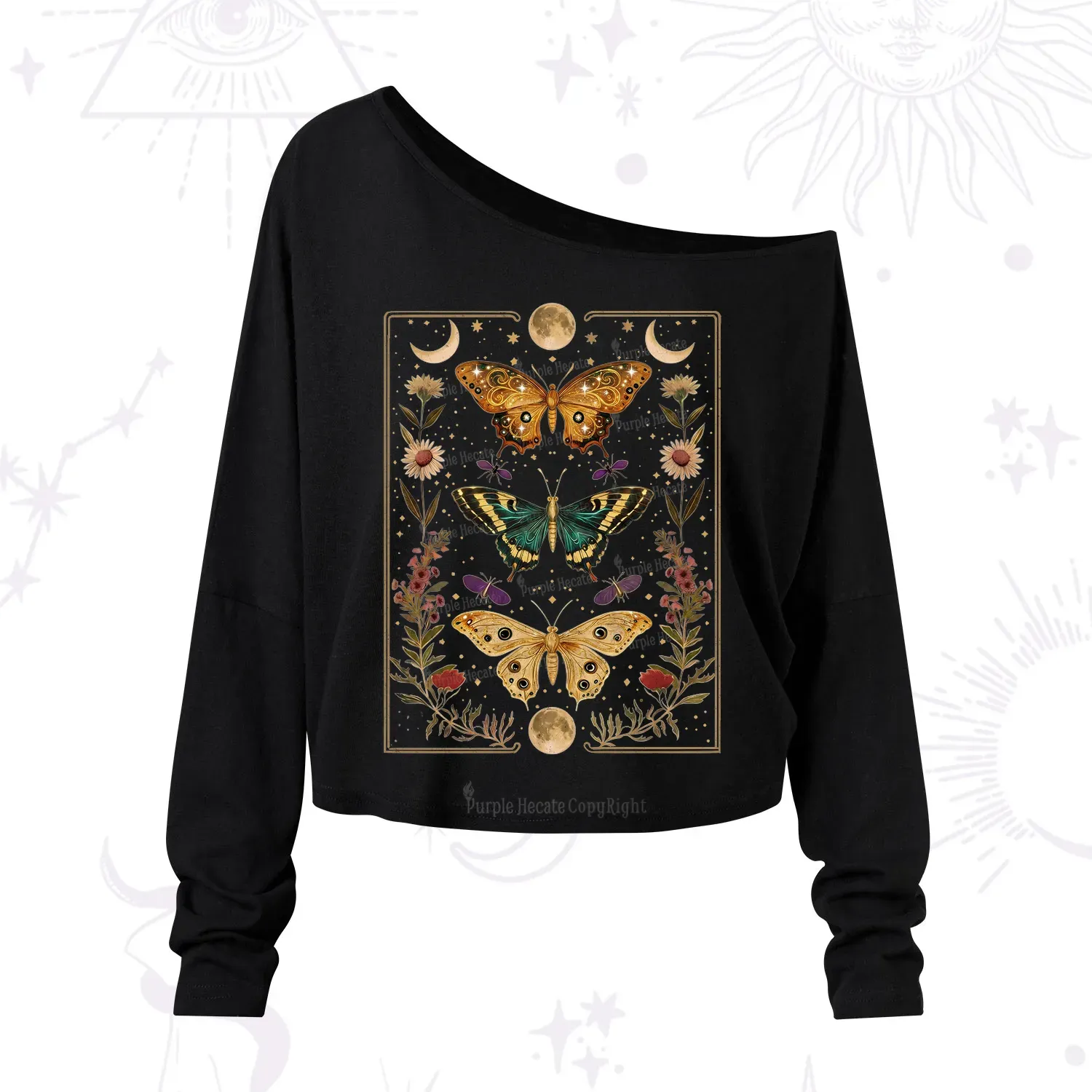 Purplehecate Sun and Moon Butterfly One Shoulder Long Sleeve Shirt