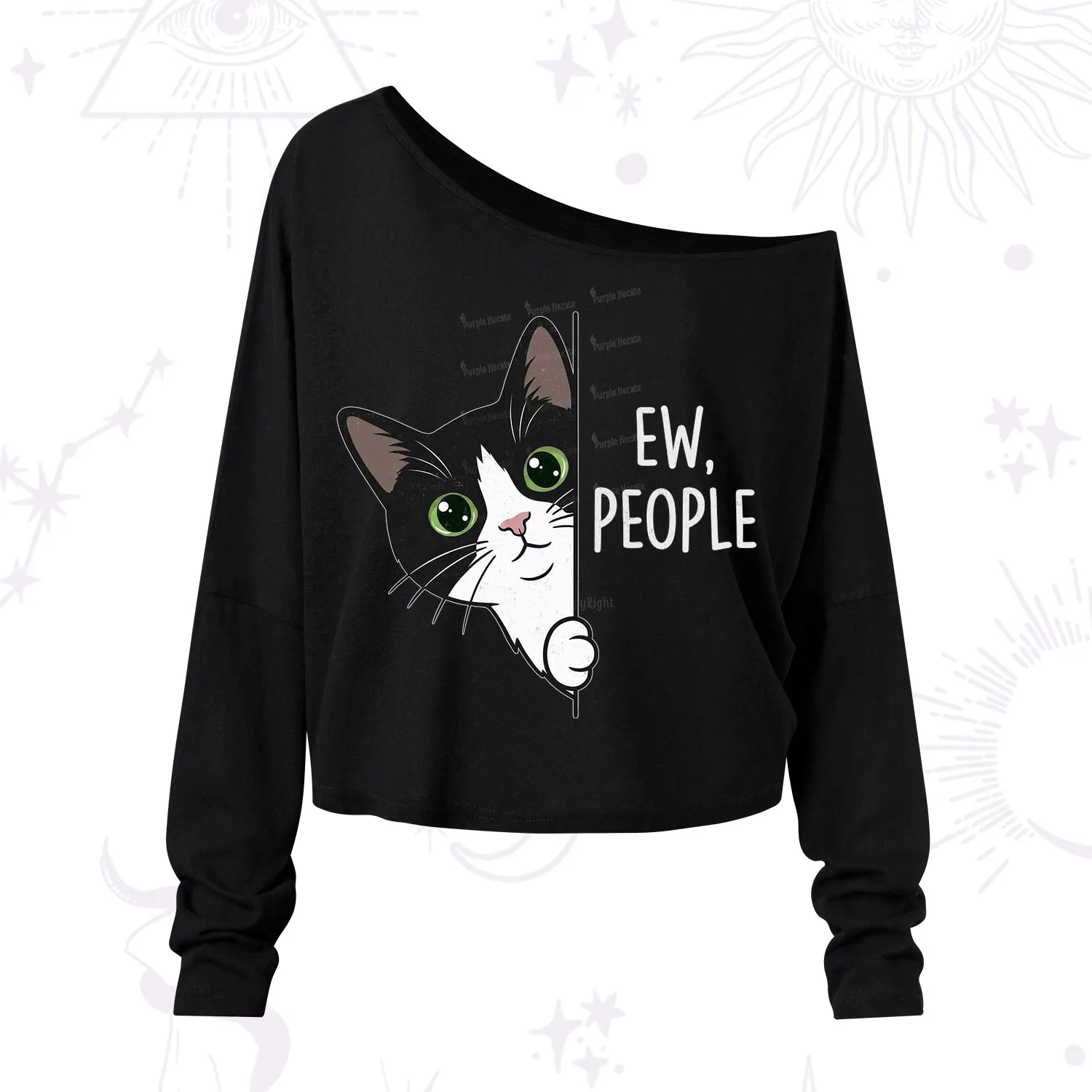 Purplehecate Funny Cat Ew People One Shoulder Long Sleeve Shirt