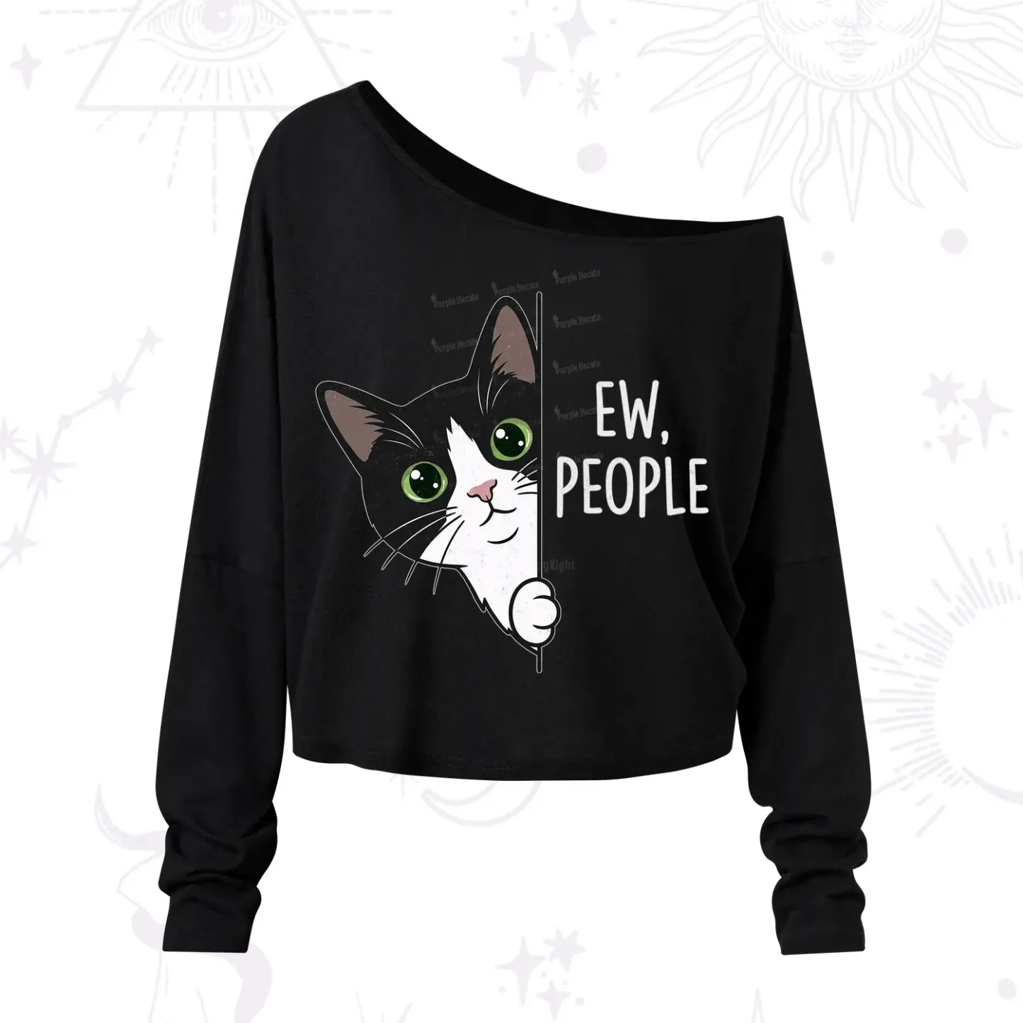 Purplehecate Funny Cat Ew People One Shoulder Long Sleeve Shirt