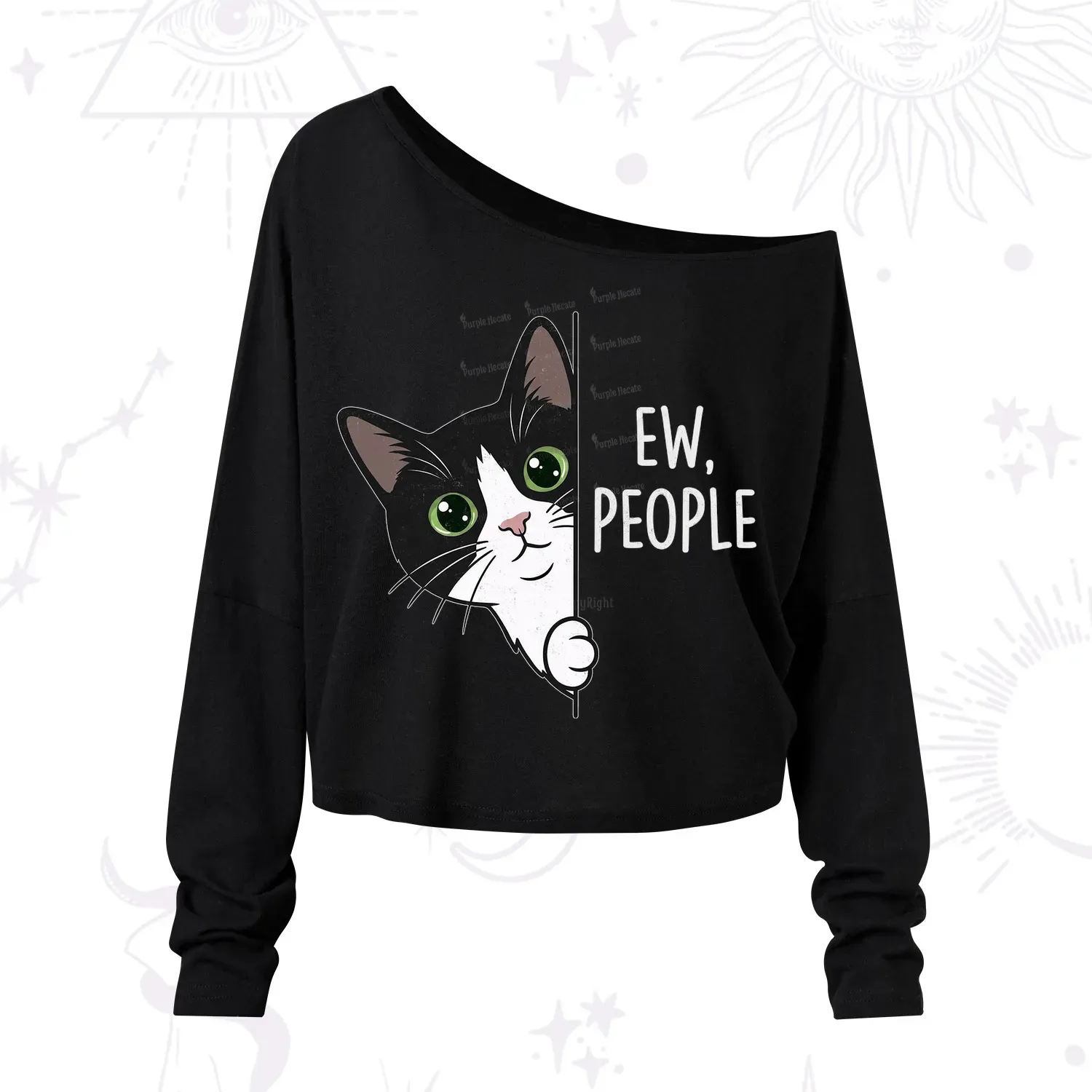 Purplehecate Funny Cat Ew People One Shoulder Long Sleeve Shirt