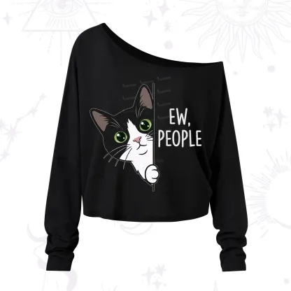 Purplehecate Funny Cat Ew People One Shoulder Long Sleeve Shirt