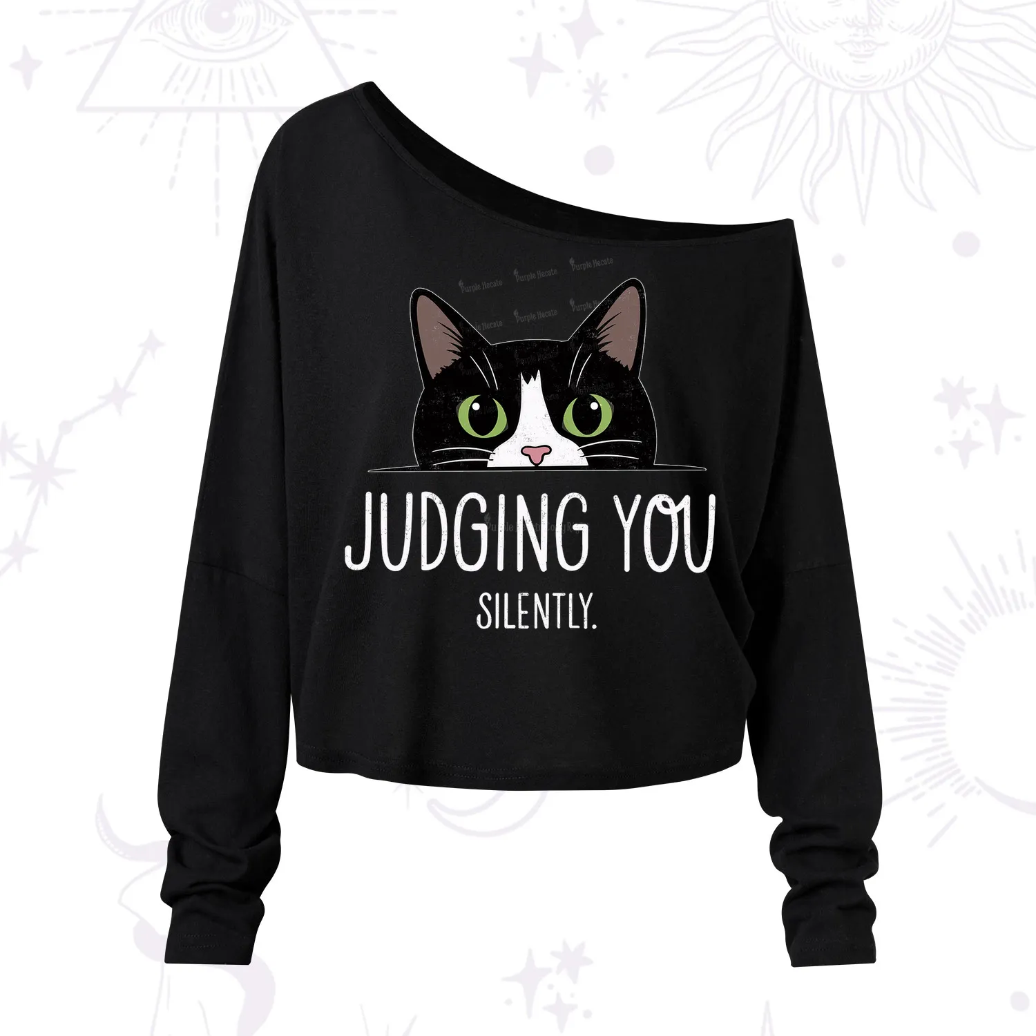 Purplehecate Cute Cat Judging You Silently One Shoulder Long Sleeve Shirt