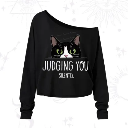 Purplehecate Cute Cat Judging You Silently One Shoulder Long Sleeve Shirt