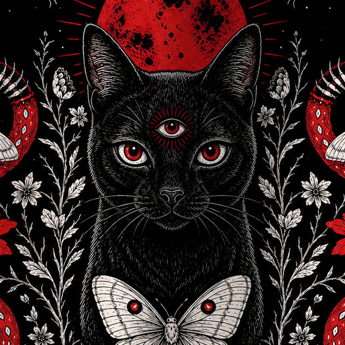 Purplehecate Blood Moon Third‑Eye Black Cat All Over Print T-Shirt