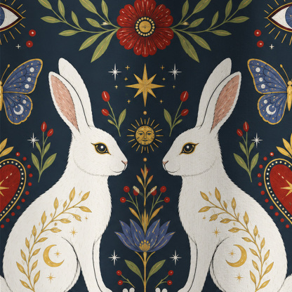 Purplehecate Folk Art Bunny Print All Over Print T-Shirt