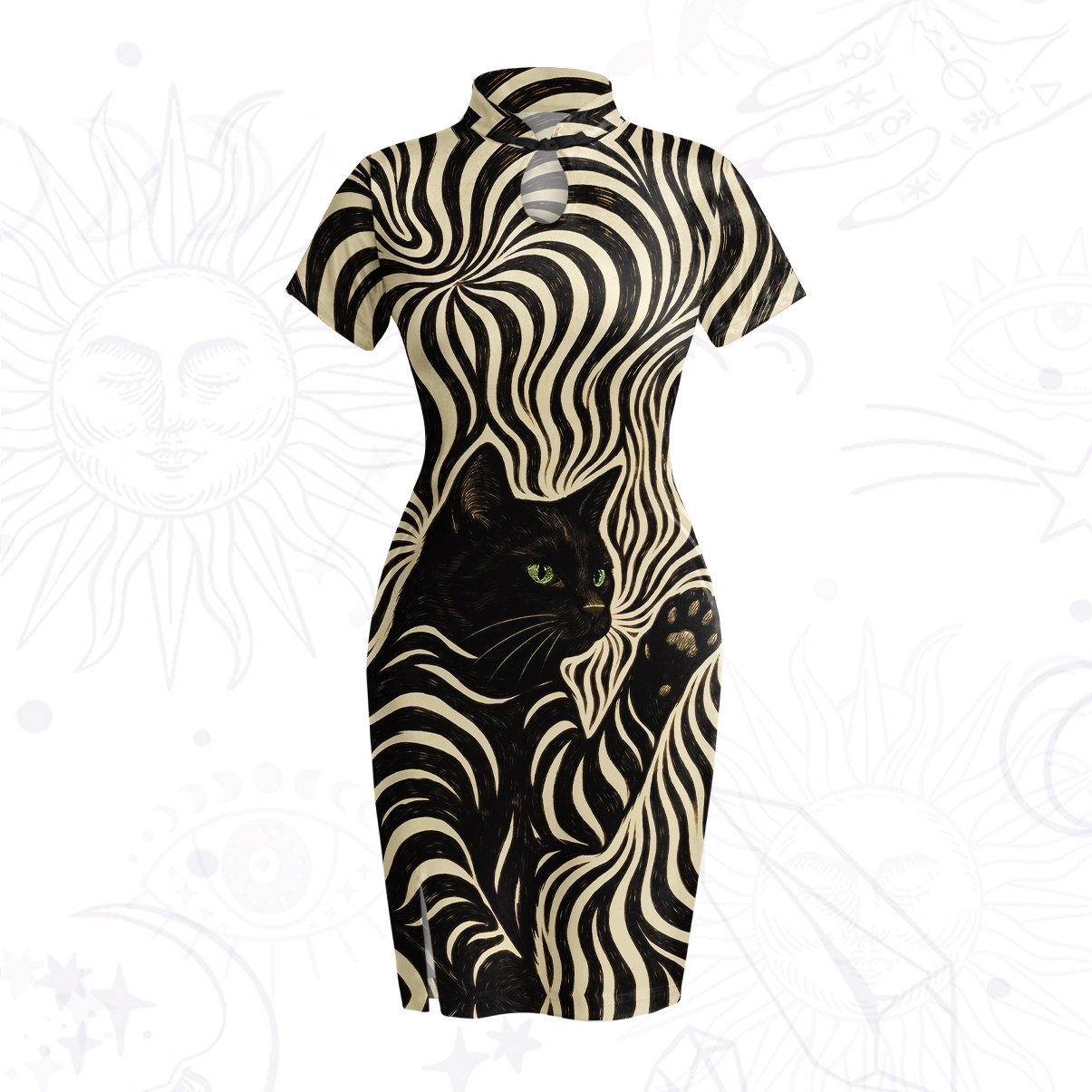Purplehecate Psychedelic Cat Velvet Bodycon Dress