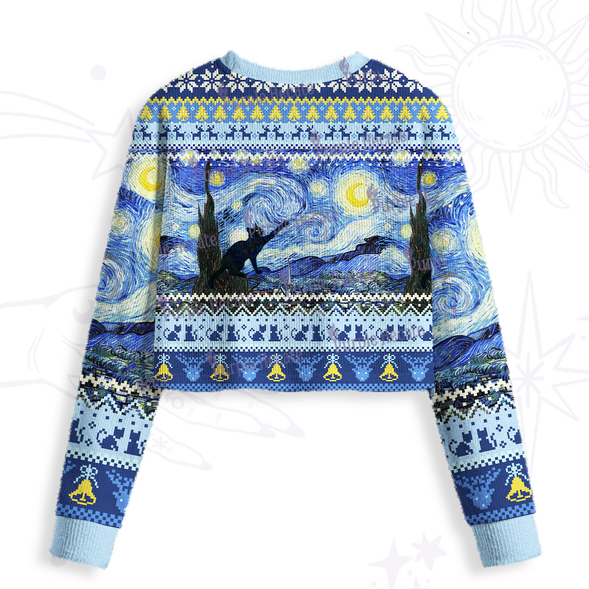 Purplehecate Witch Cat Under the Starry Night Cropped Fuzzy Ugly Sweatshirt