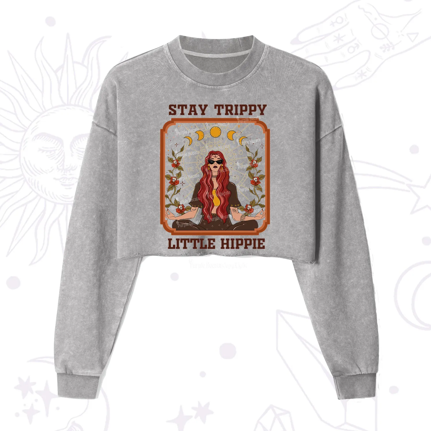 Purplehecate Stay Trippy Little Witchy Hippie Cropped Washed Sweatshirt