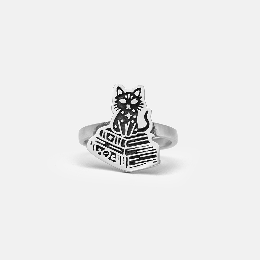 Purplehecate Witchy Cat Spellbook Sterling Silver Ring