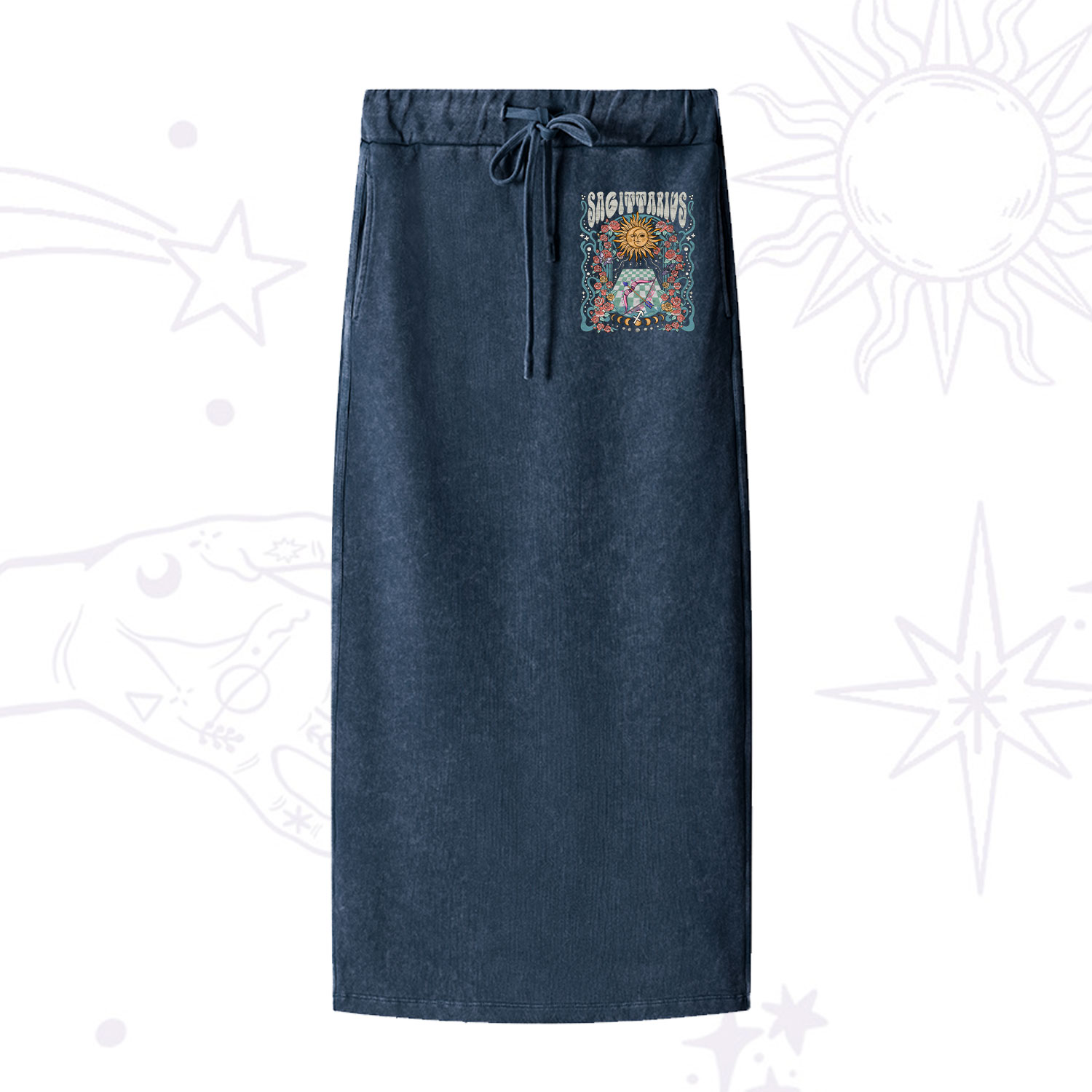 Purplehecate Sagittarius Spirit Zodiac Washed Drawstring Long Skirt