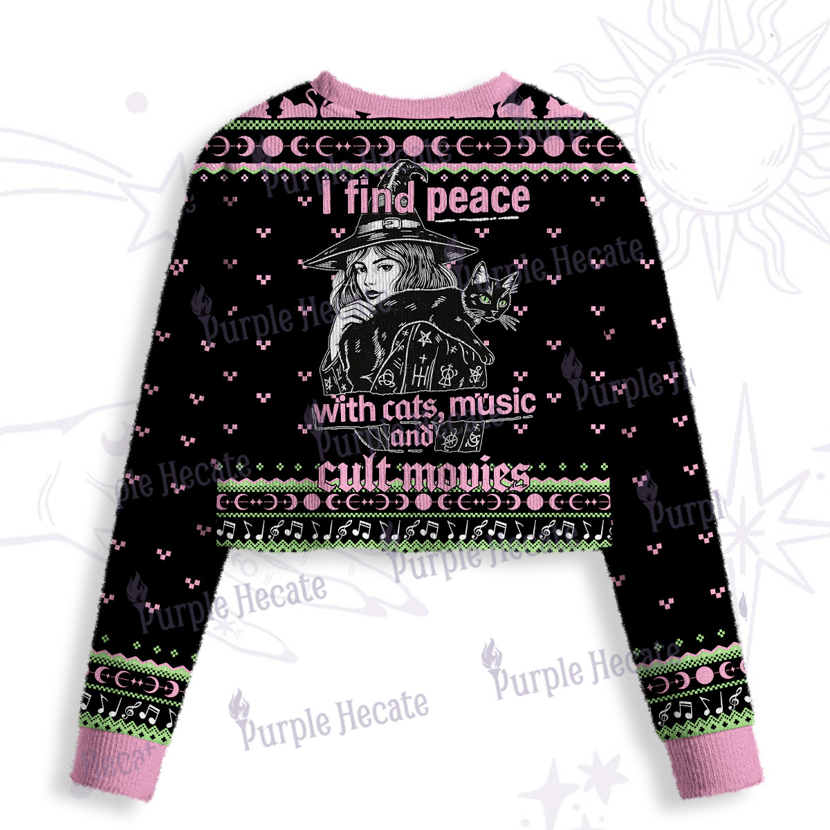 Purplehecate I Find Peace With Cats Music Cult Movies Crop Fuzzy Ugly Sweatshirt