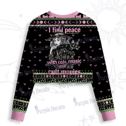 Purplehecate I Find Peace With Cats Music Cult Movies Crop Fuzzy Ugly Sweatshirt