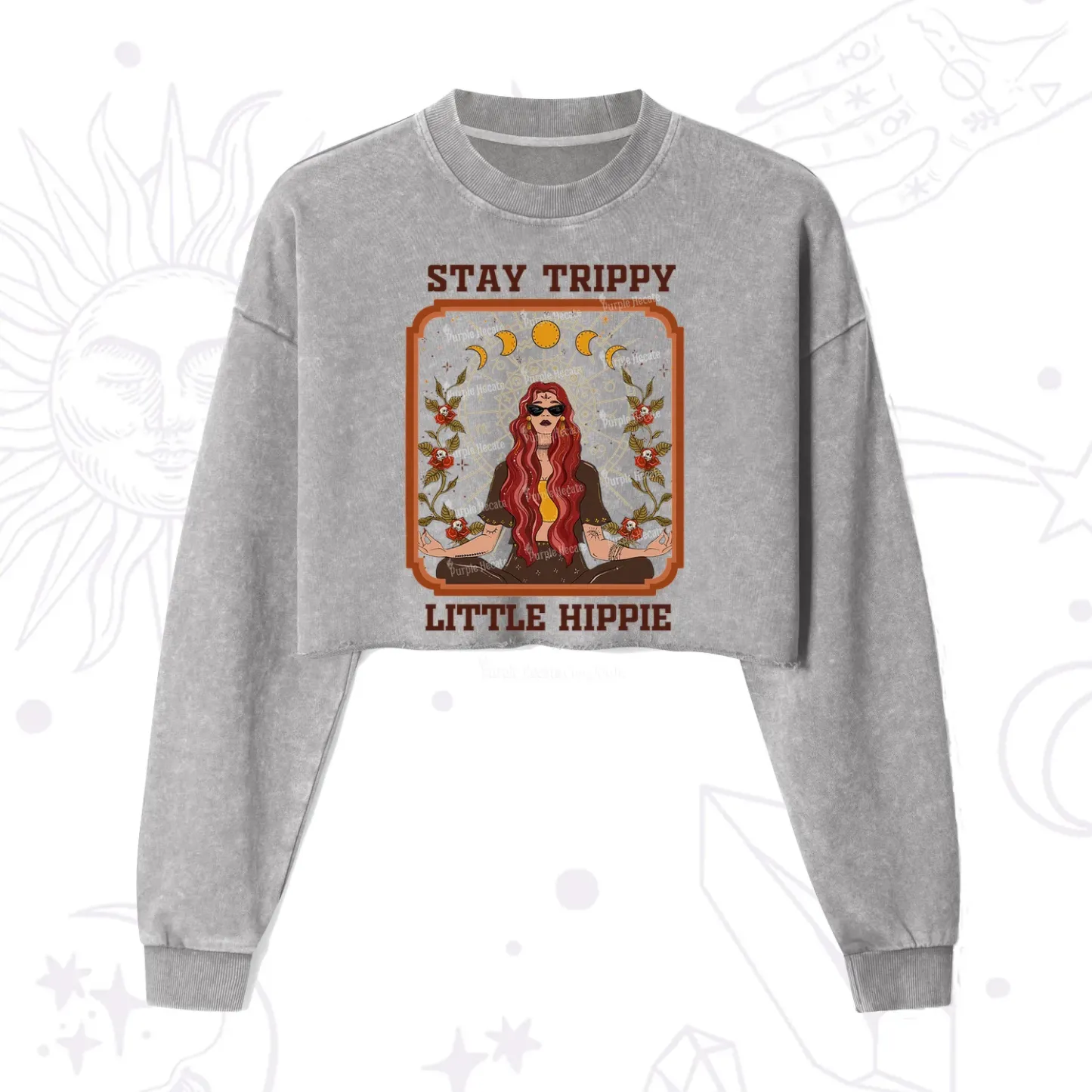 Purplehecate Stay Trippy Little Witchy Hippie Cropped Washed Sweatshirt