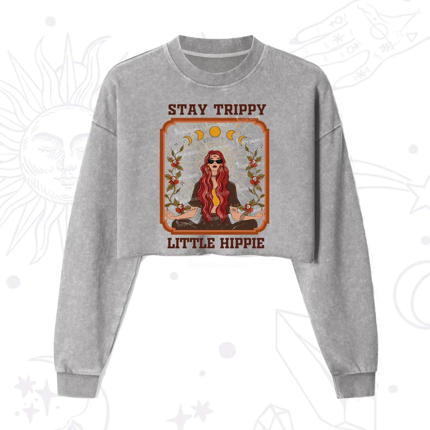 Purplehecate Stay Trippy Little Witchy Hippie Cropped Washed Sweatshirt