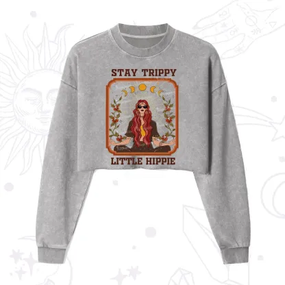 Purplehecate Stay Trippy Little Witchy Hippie Cropped Washed Sweatshirt