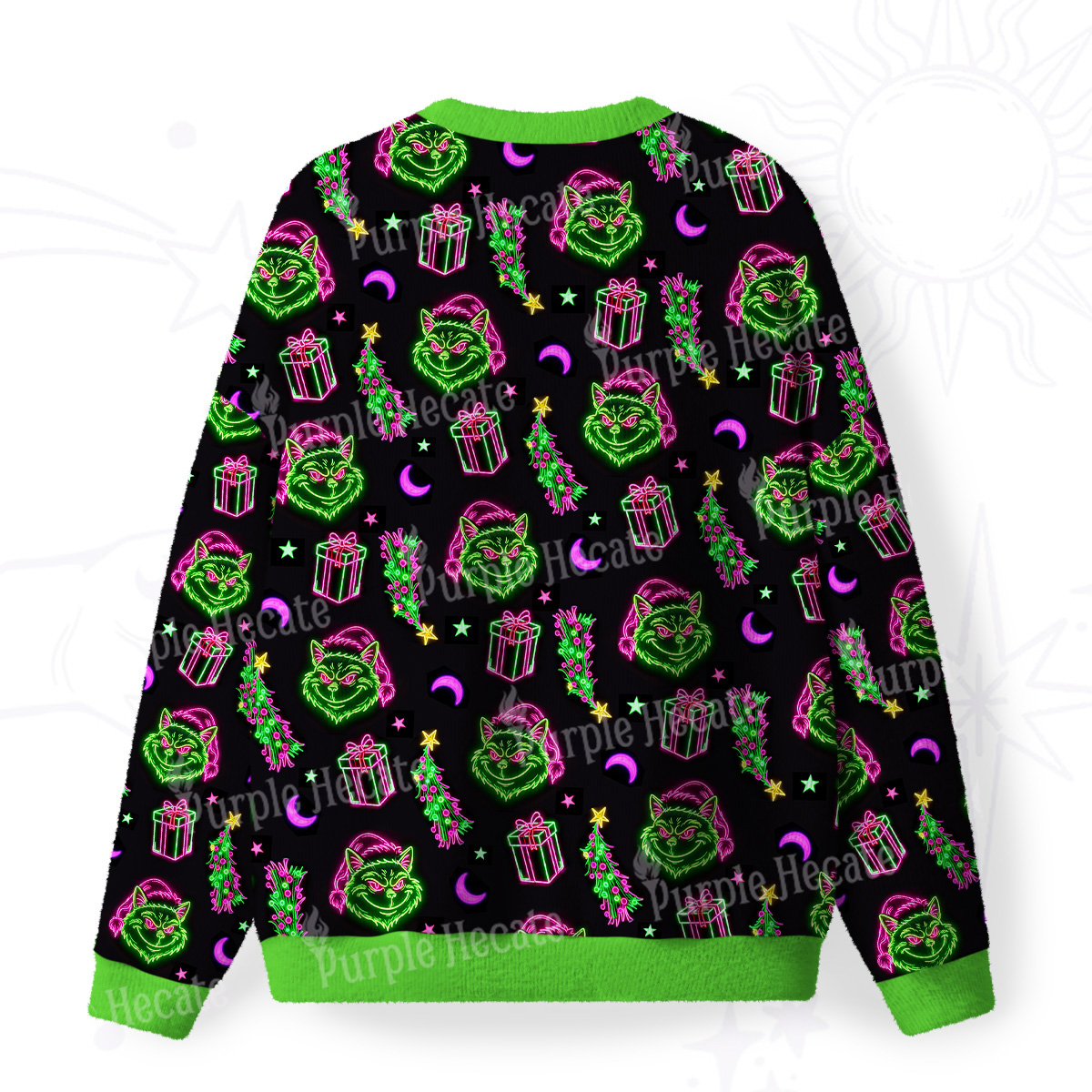Purplehecate Witchy Neon Naughty Cat Fuzzy Ugly Christmas Sweatshirt