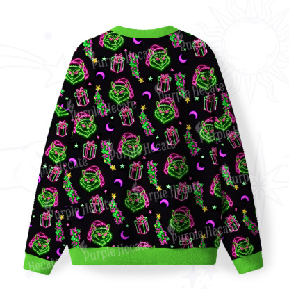 Purplehecate Witchy Neon Naughty Cat Fuzzy Ugly Christmas Sweatshirt