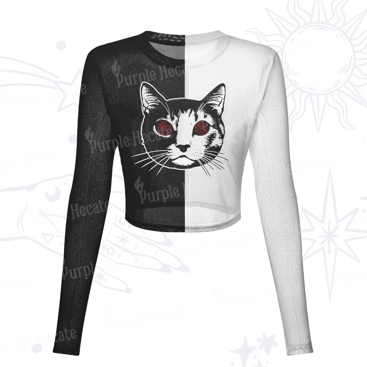 Purplehecate Hypnotic Cat Mesh Long Sleeve Crop Top
