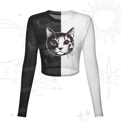 Purplehecate Hypnotic Cat Mesh Long Sleeve Crop Top