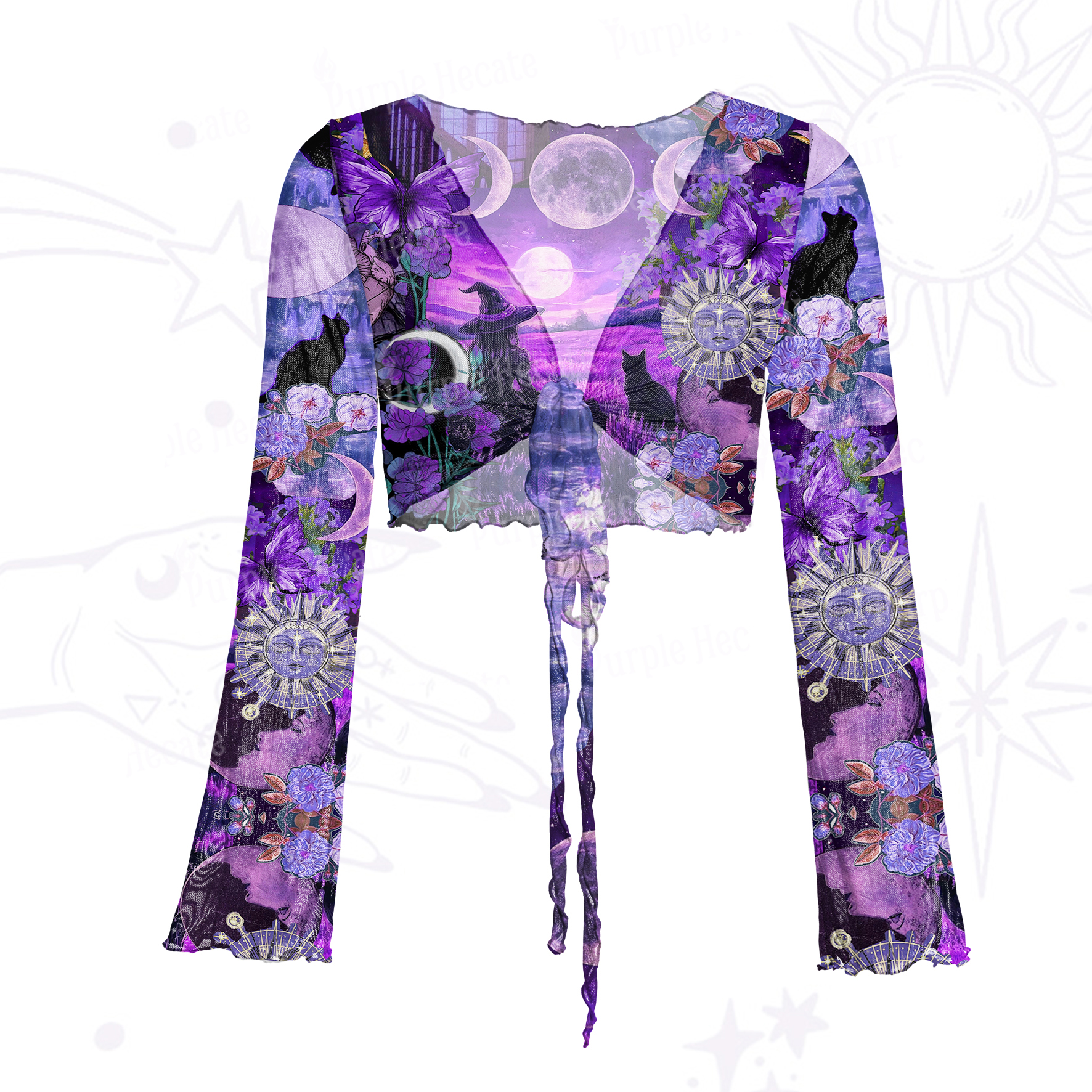Purplehecate Witchy Black Cat Moon Mesh Tie Front Top