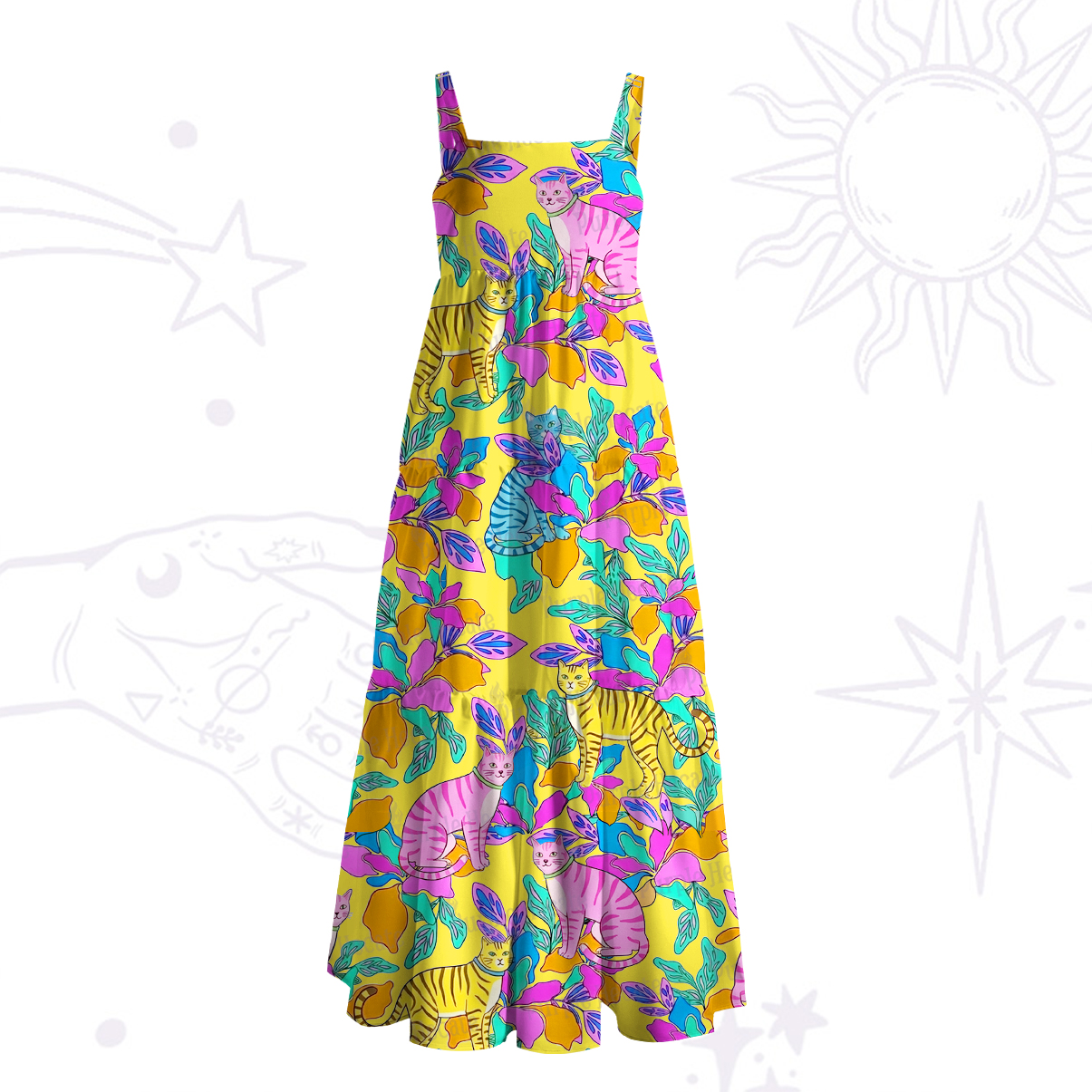 Purplehecate Colorful Cats Jungle Garden Wide Straps Maxi Dress