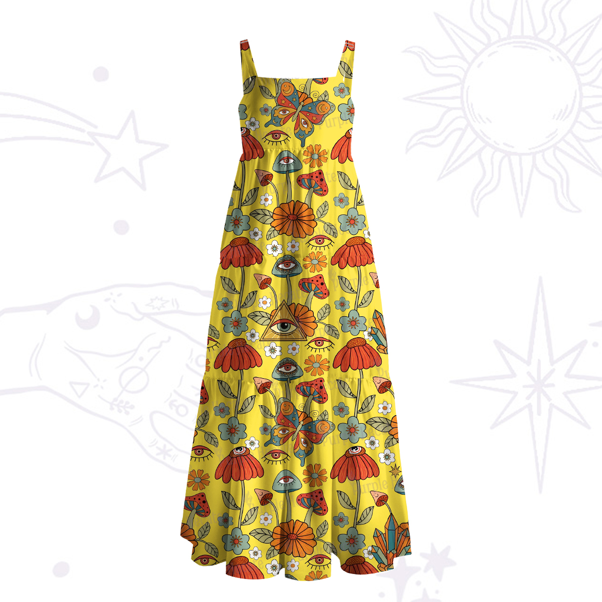 Purplehecate Mystic Evil Eye Floral Mushroom Wide Straps Maxi Dress