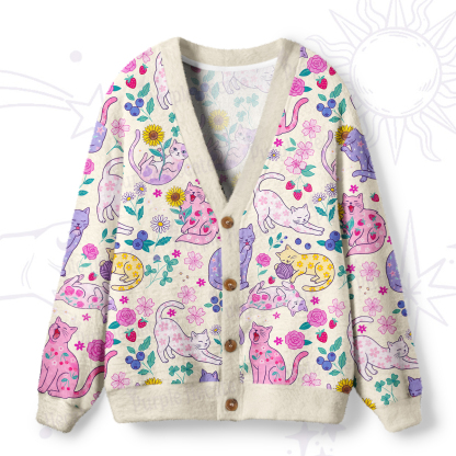 Purplehecate Lazy Day Garden Cats Ugly Cardigan Sweaters
