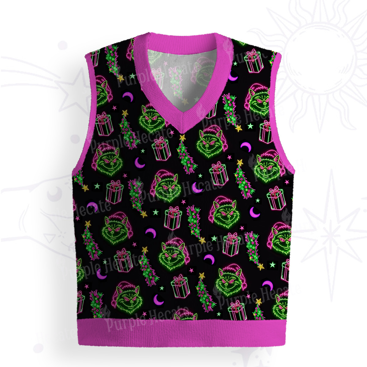Purplehecate Witchy Neon Naughty Cat Ugly Sweater Vest