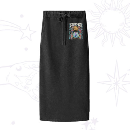 Purplehecate Capricorn Spirit Zodiac Washed Drawstring Long Skirt