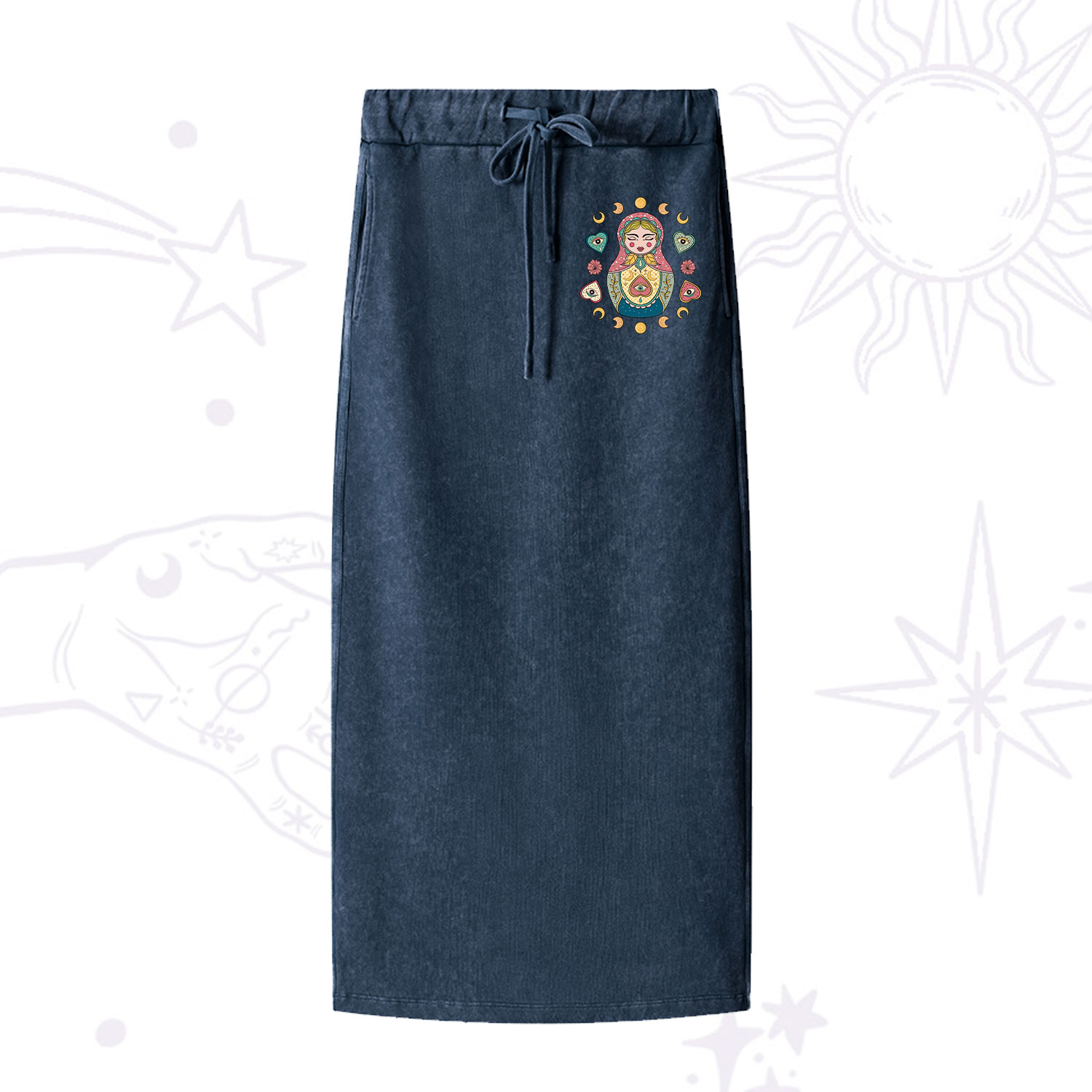 Purplehecate Nesting Doll Washed Drawstring Long Skirt