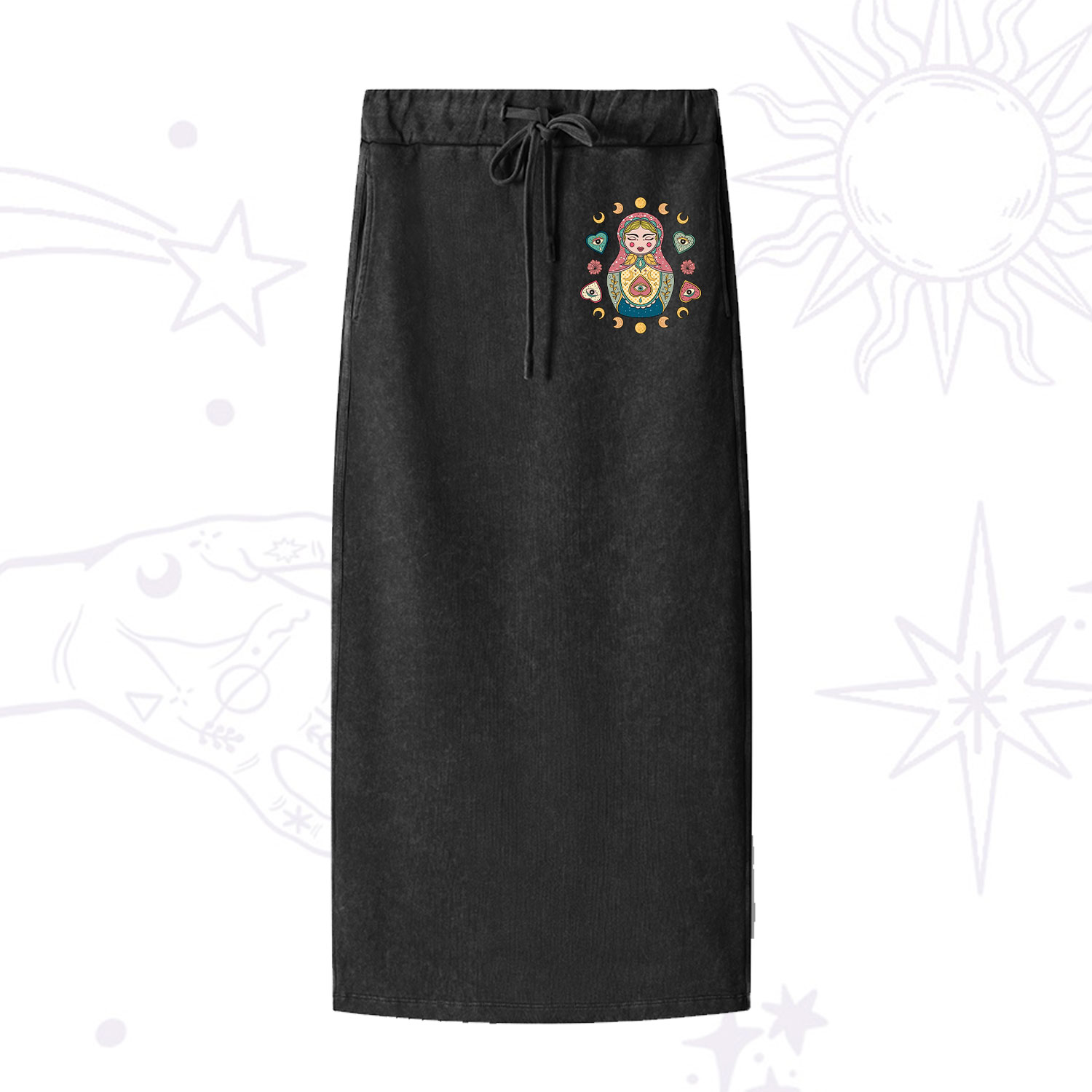 Purplehecate Nesting Doll Washed Drawstring Long Skirt
