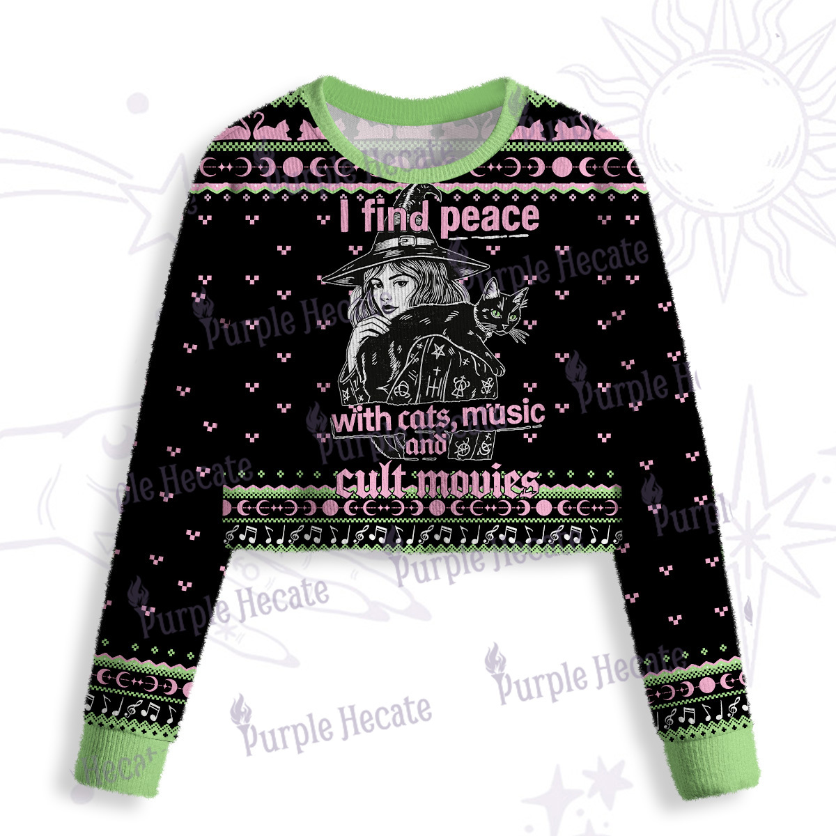 Purplehecate I Find Peace With Cats Music Cult Movies Crop Fuzzy Ugly Sweatshirt
