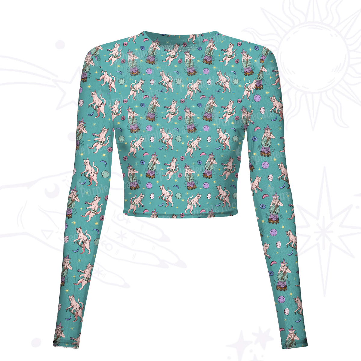 Purplehecate Cat Coven Mesh Long Sleeve Crop Top