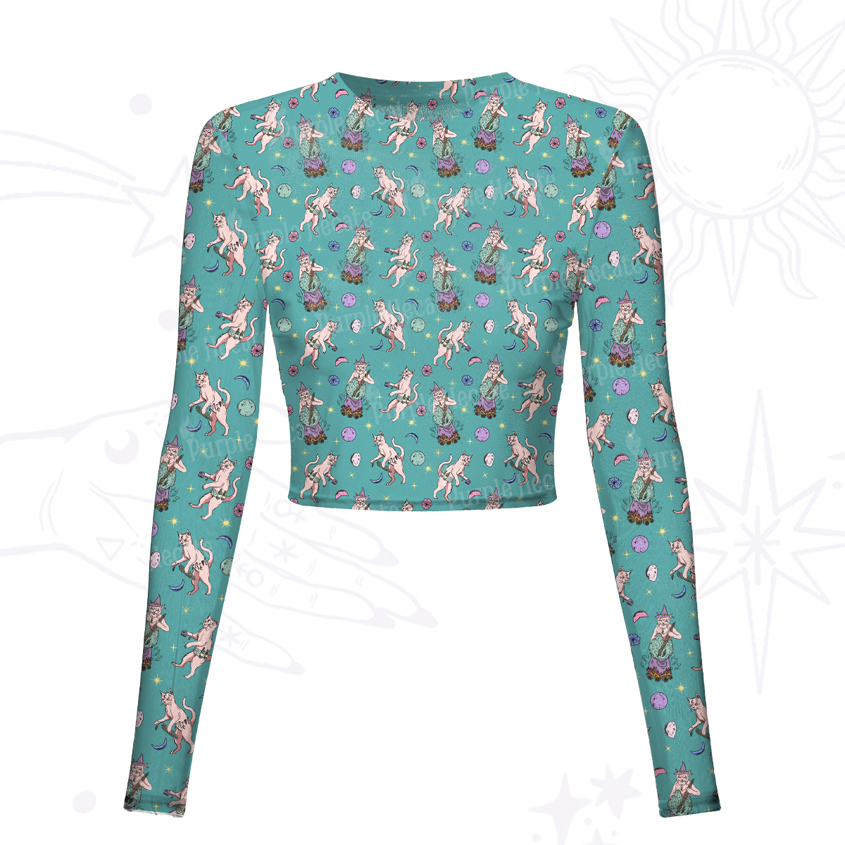 Purplehecate Cat Coven Mesh Long Sleeve Crop Top