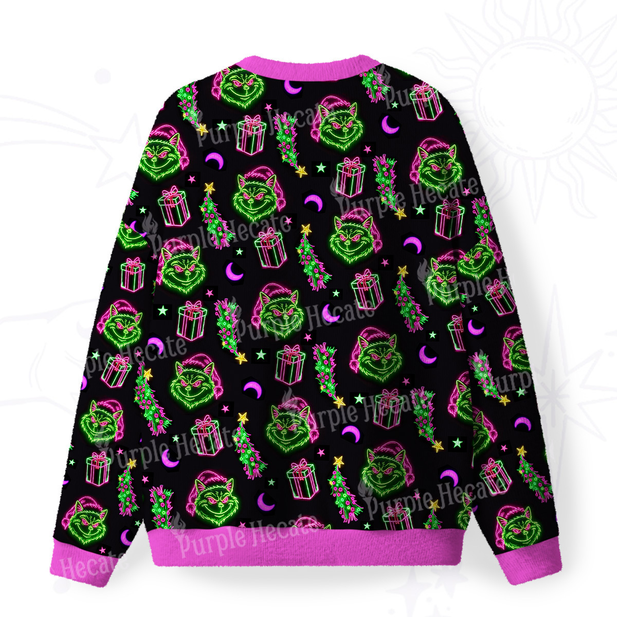 Purplehecate Witchy Neon Naughty Cat Fuzzy Ugly Christmas Sweatshirt