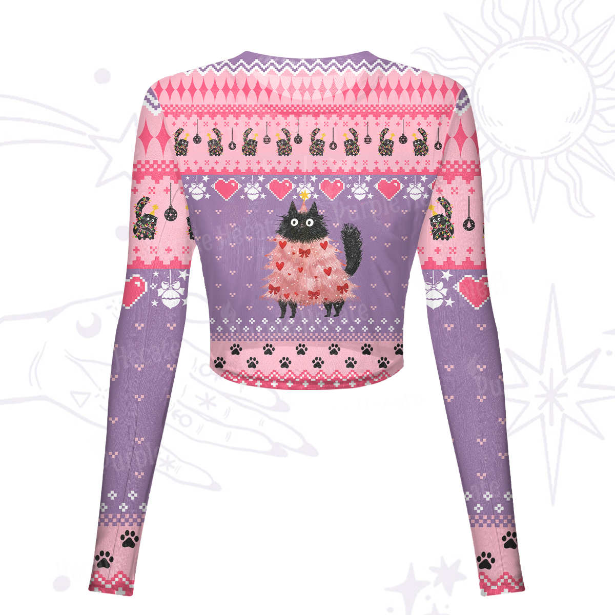 Purplehecate Funny Black Cat in Tree Mesh Long Sleeve Crop Top